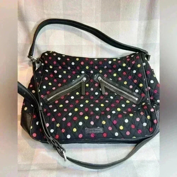 Vera Bradley Havana Dots Vivian satchel hobo bag, black, zip closure, pockets - Picture 1 of 8